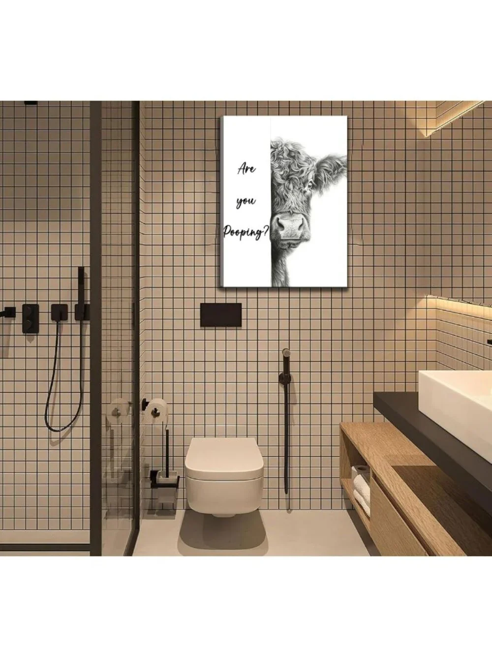 Cute Highland Cow Bathroom Wall Art - Funny Black & White Animal Decor Print